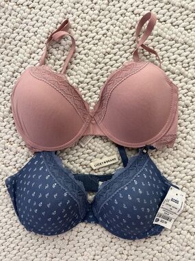 Lucky Brand Mauve and Denim Blue Lace-Trim Bras Duo